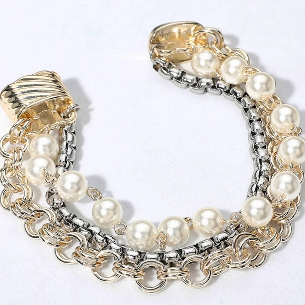 Gold and Silver Pearl Multi-Chain Bracelet - Women Jewelry - Picture 2 of 3